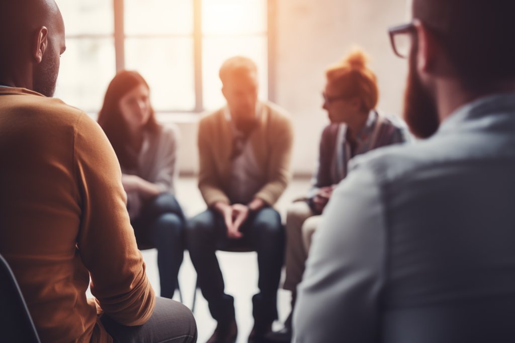 therapy group support, mental health and psychological help, men and women sitting on chairs and talking in circle