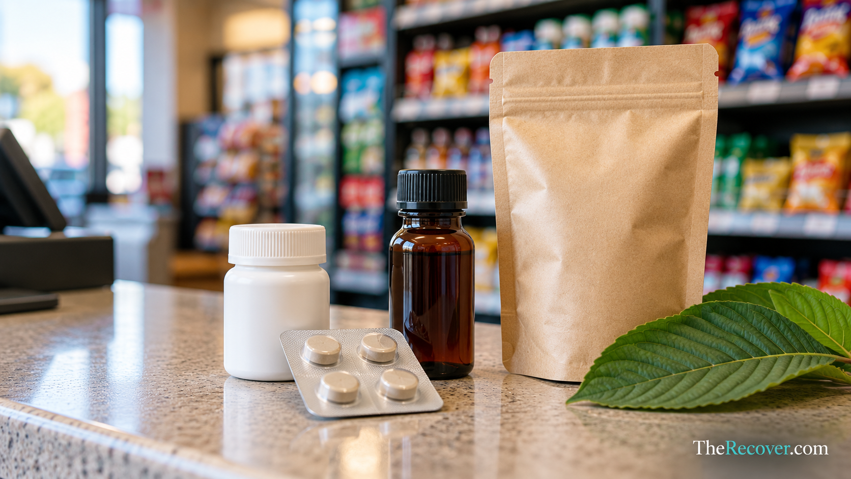 Generic pill bottle, tablets, liquid shot bottle, and pouch displayed beside a leaf on a convenience-store counter.