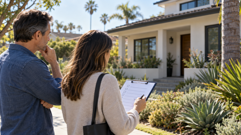 Two family members review a checklist outside a California home while considering sober living options.