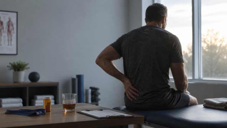 Anonymous former athlete experiencing chronic back pain beside an unbranded medication bottle and glass of alcohol