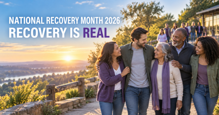 Family supporting a loved one during National Recovery Month 2026 with the message Recovery Is REAL