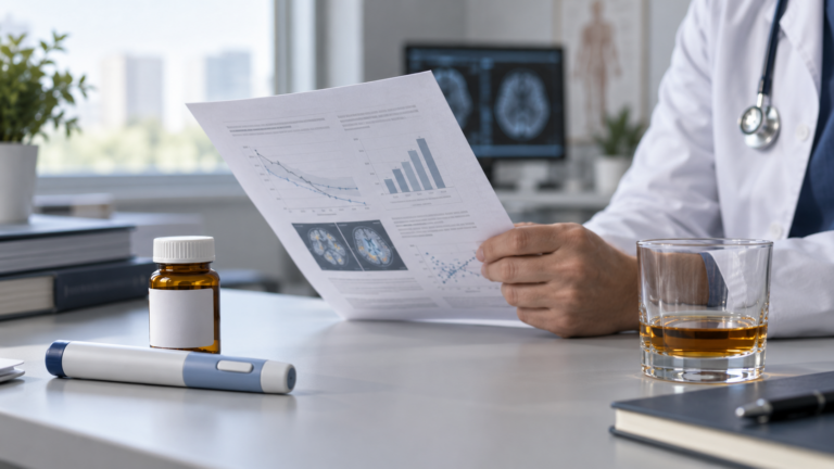 Doctor reviewing research on semaglutide for alcohol addiction beside an injection pen and glass of alcohol