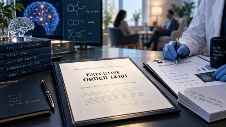 Executive Order 14401 document with clinical psychedelic-treatment research imagery and a brain scan