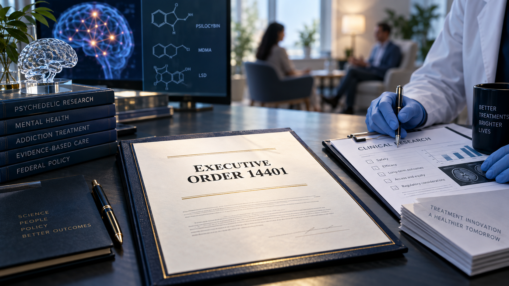 Executive Order 14401 document with clinical psychedelic-treatment research imagery and a brain scan