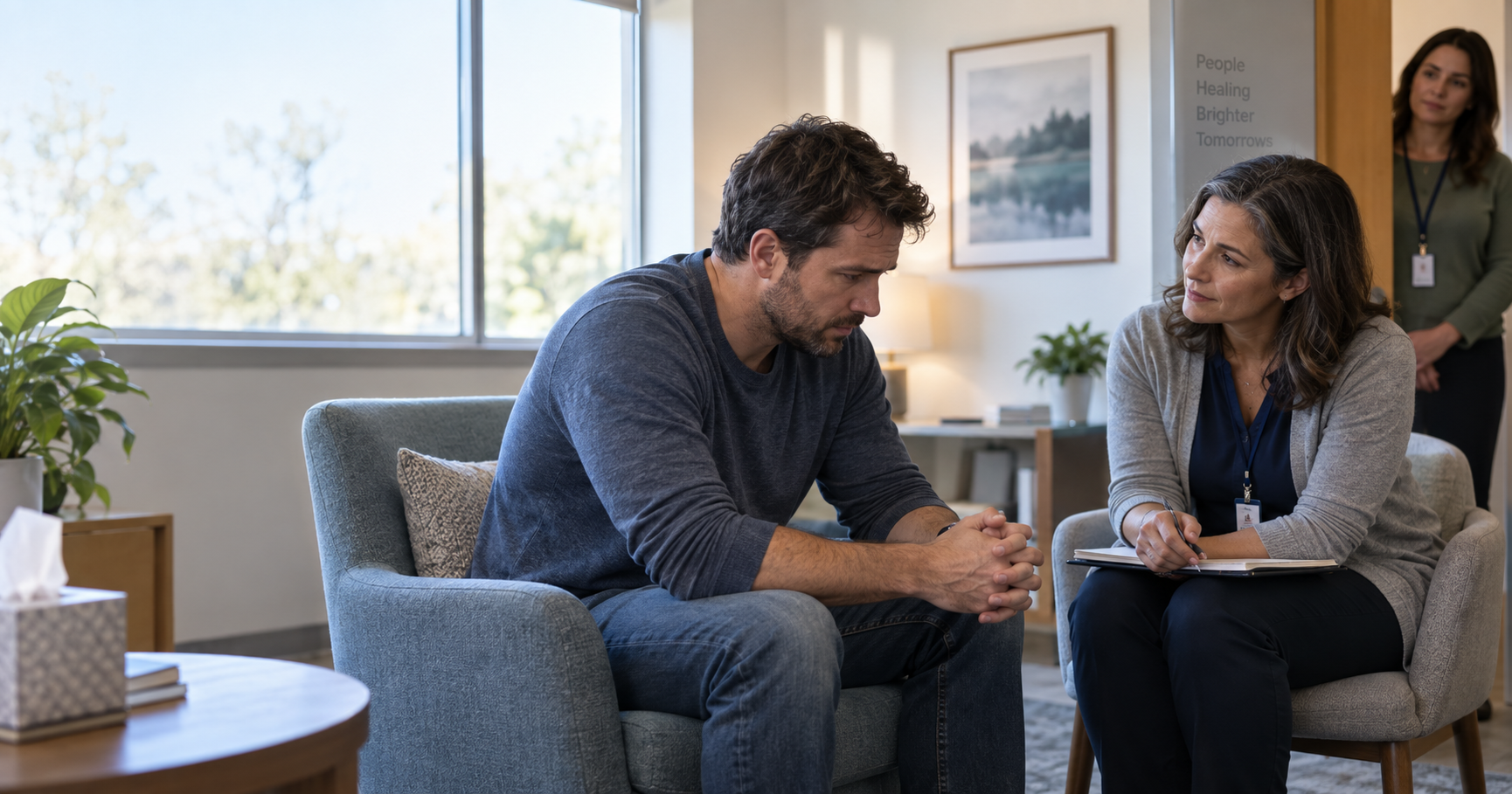 Person experiencing suicidal thoughts during alcohol or drug withdrawal receiving immediate help from a mental health professional