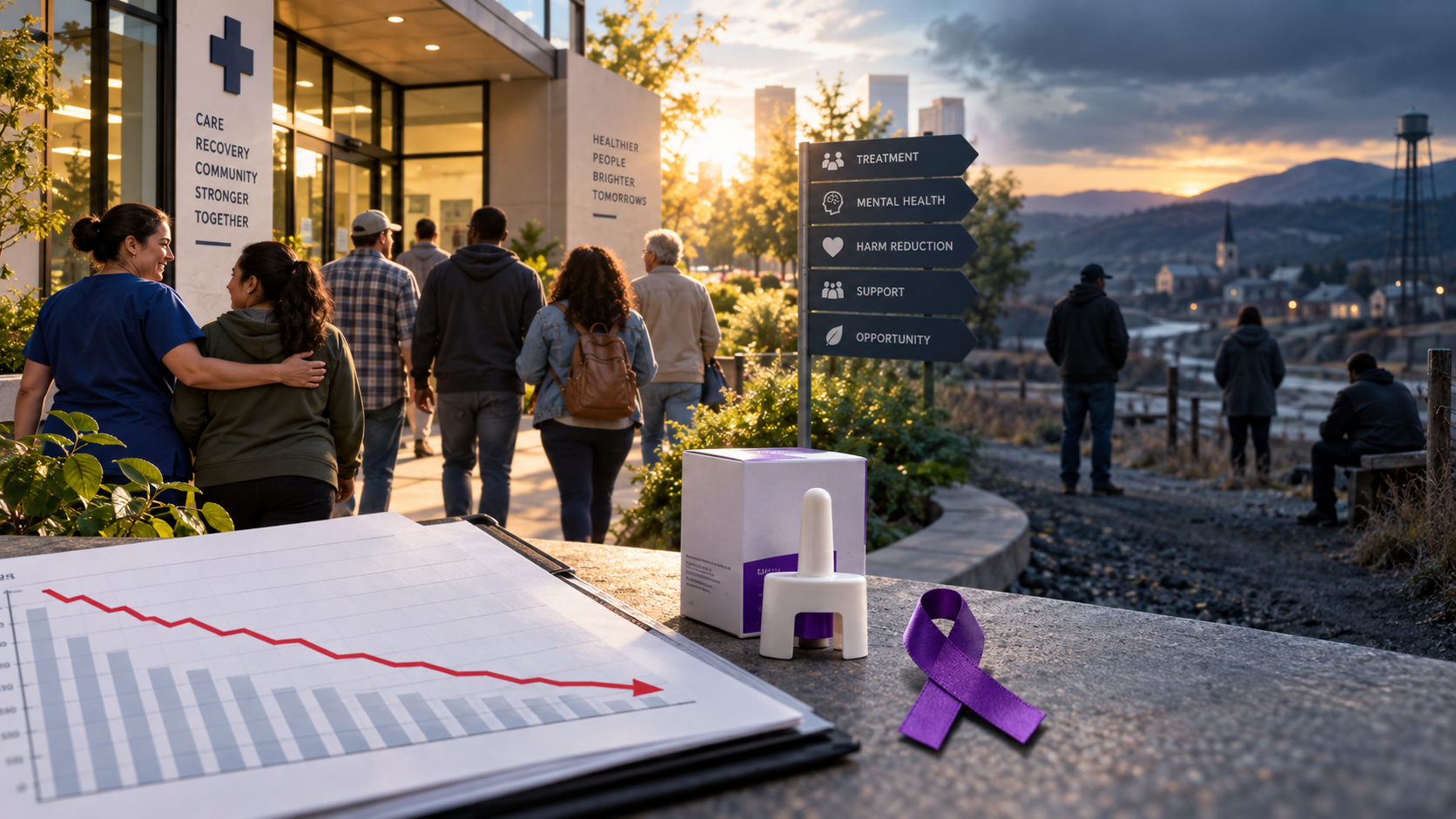 Declining overdose death chart beside naloxone, with people approaching treatment while underserved communities remain behind
