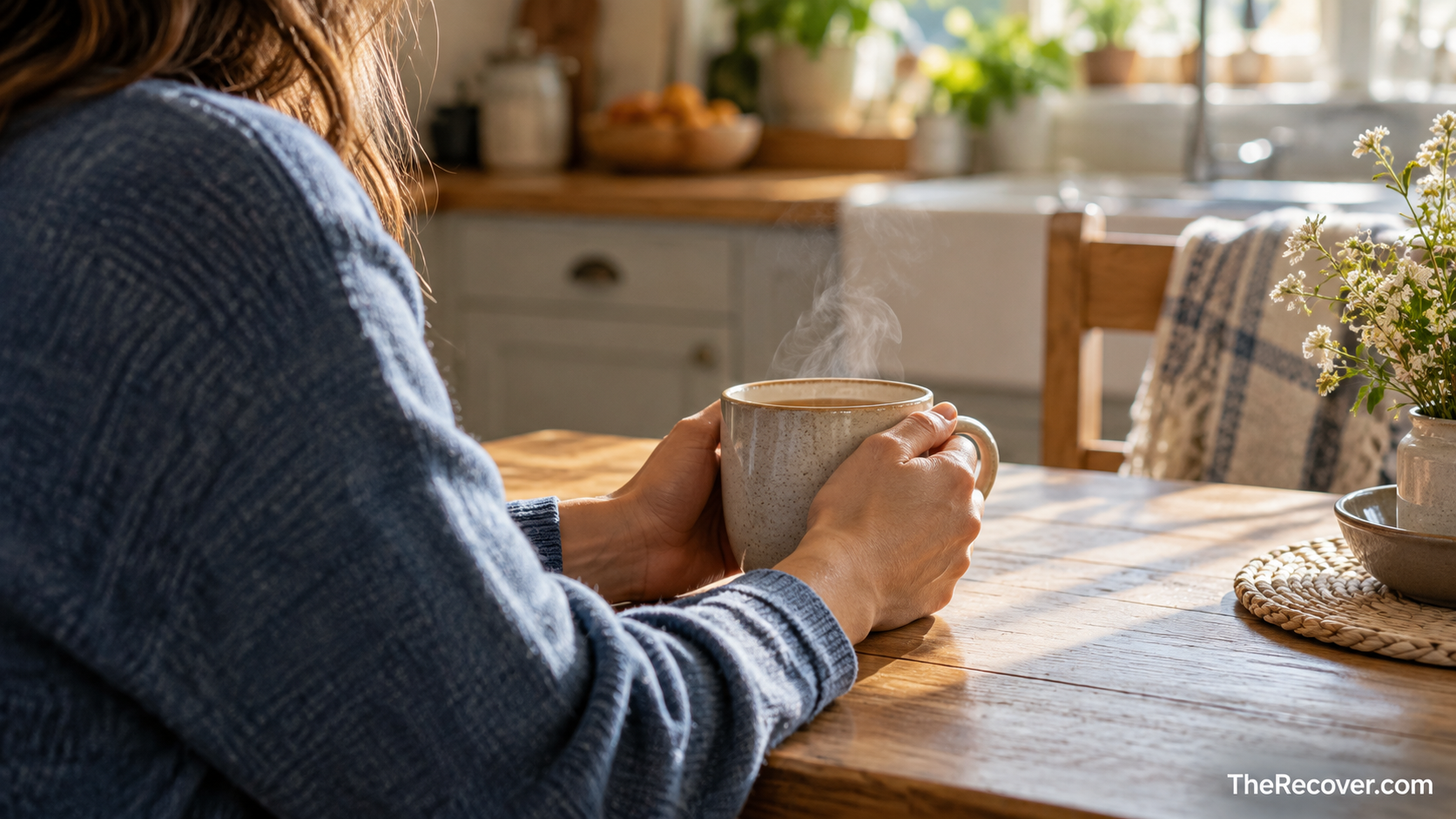 Person seated at a kitchen table in soft morning light, holding a steaming mug with both hands.