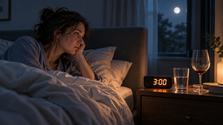 Woman awake in bed beside a clock reading 3:00 a.m., with a wine glass and water on the nightstand.