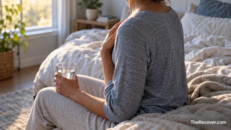 Person sitting on the edge of a bed in morning light, holding a glass of water with one hand resting on their chest.